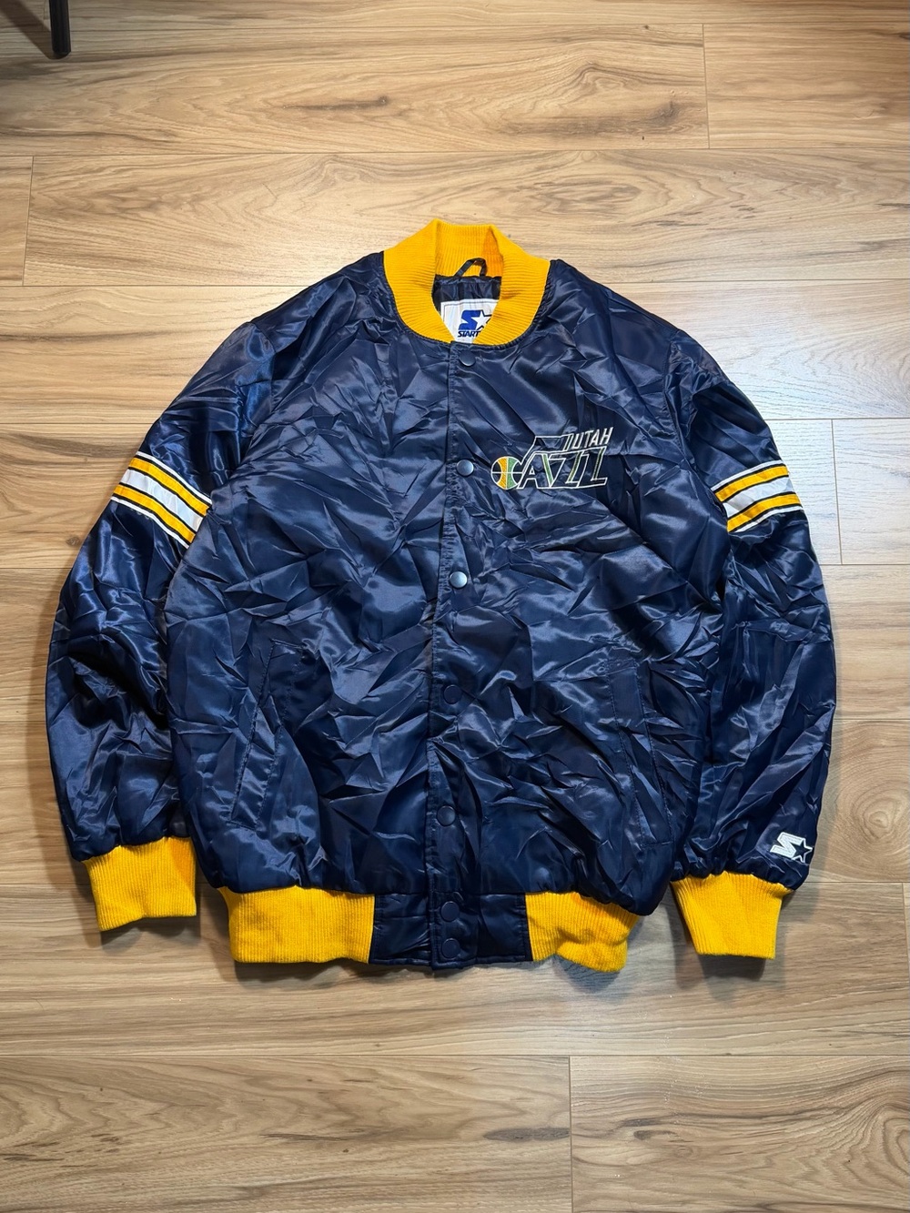 STARTER Navy and Yellow Utah Jazz Satin Bomber Jacket
